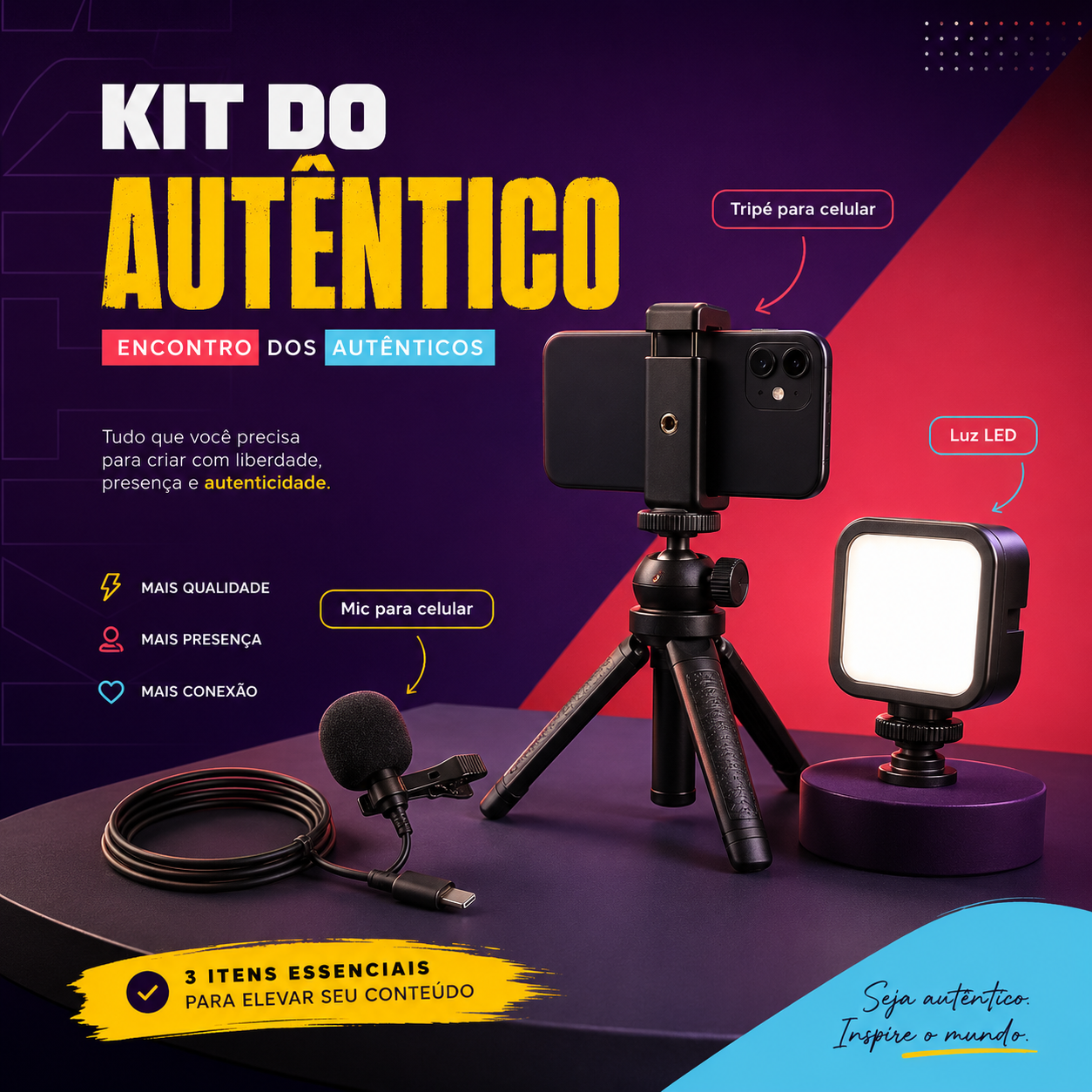 Kit do Autêntico: tripé, microfone sem fio e luz LED